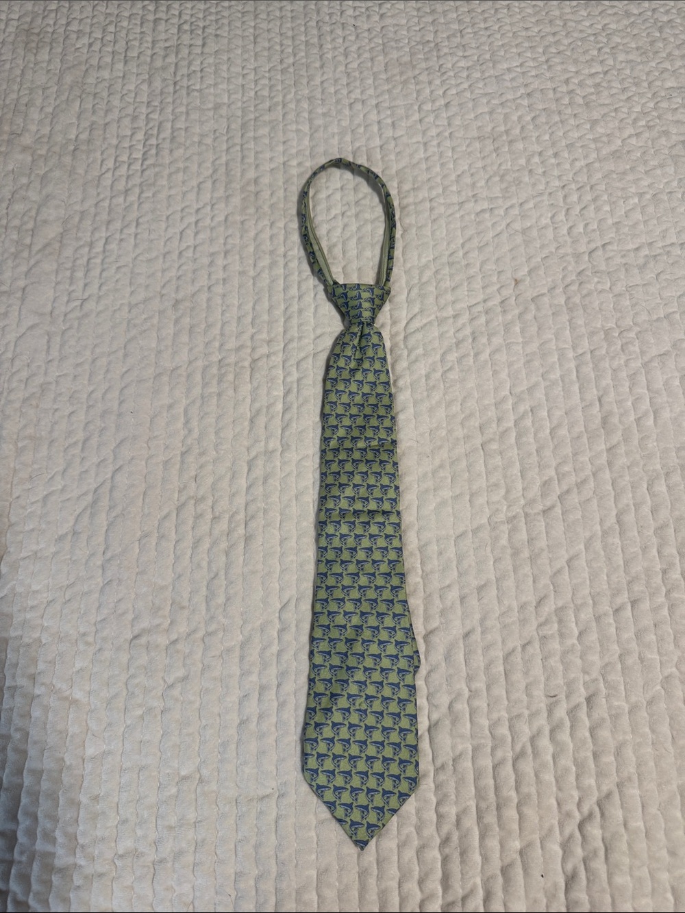 Vineyard Vines Boys Green and Navy shark Print Silk Zip Tie